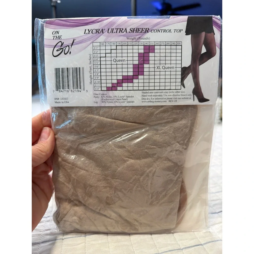 On The Go Lycra Ultra Sheer Control Top Pantyhose Nude Queen Size Hosiery NEW